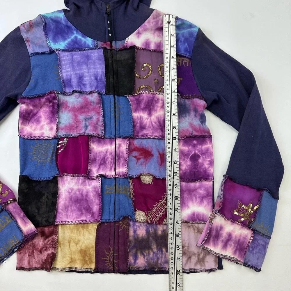 Patchwork boho hoodie Small lilac purple jersey sequin zip front casual - Picture 5 of 8